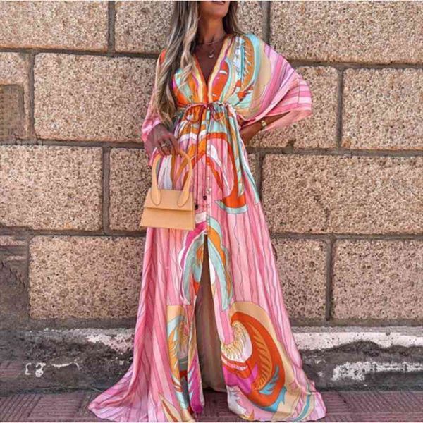 

summer womens dress elegant deep v neck geometric pattern maxi dresses women casual button elastic waist party dress, Black;gray