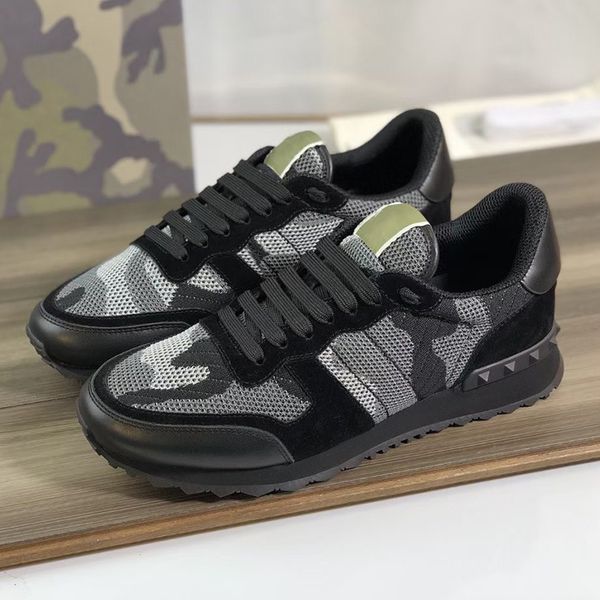 

men rockrunner camouflage sneakers designers mesh fabric trainers real leather outdoor lace-up casual shoes with gift box 264, Black