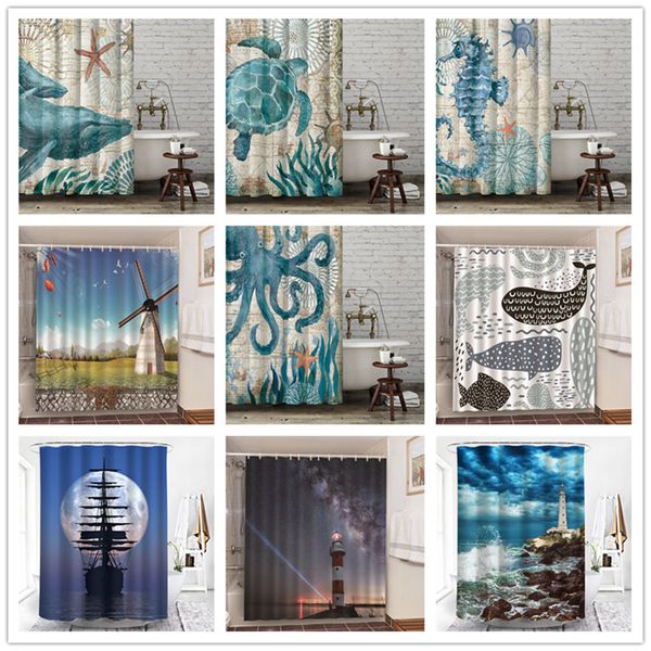 

пейзаж природные ванны занавес полиэстер 100% ванная декоративные занавески для душа морских животных home decor водонепроницаемый douchegor