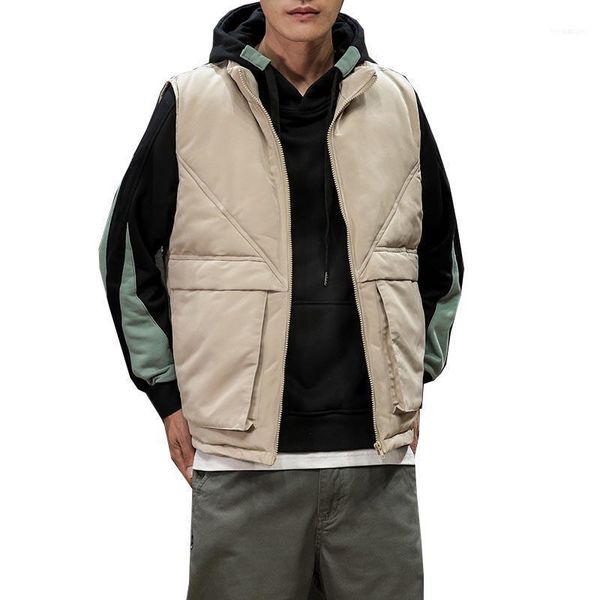 

autumn winter fashion men vest hooded coat stand collar casual outwear thick velvet parka men sleeveless warm jackets11, Black