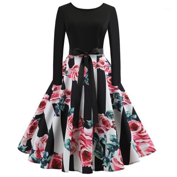 

casual dresses audrey hepburn 1960s women vintage dress floral long sleeves swing rockabilly belts retro bowknots party vestidos1, Black;gray