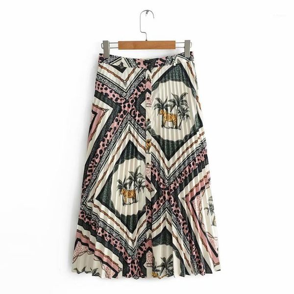 

skirts 2021 women vintage tiger texture patchwork print buttons pleated midi skirt faldas mujer ladies chic mid-calf qun3231, Black