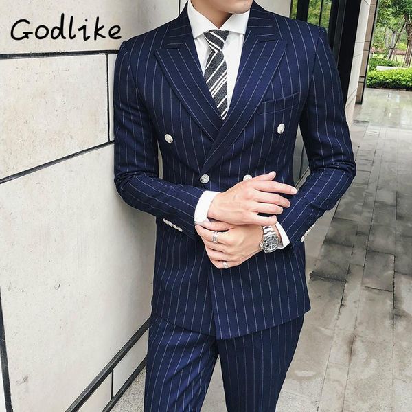 

mens suits blazers / mens suits jacket /vertical stripe korean double - breasted elegant wedding suit for men/(suit + trousers)1, White;black