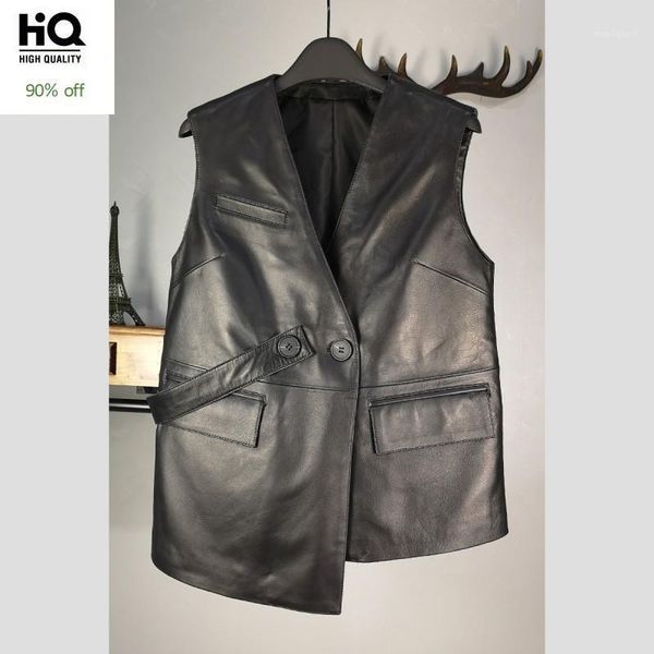 

100% real leather vest women designer irregular short sheepskin sleeveless jacket brand style double breasted black waistcoat1, Black;white