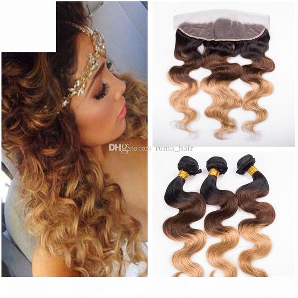 

brazilian virgin hair ombre bundles with closure body wave 3 bundles with 13x4 part lace frontal closure human hair weaves#1b 4 27, Black;brown