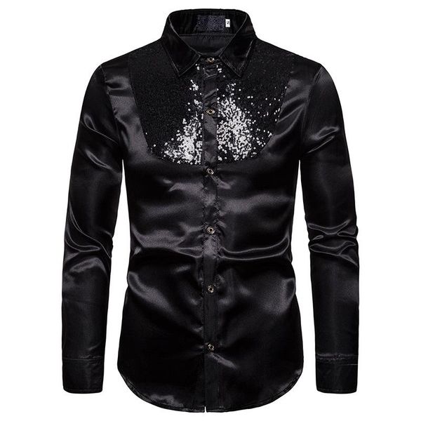 

men's casual shirts sequins embroidered western slim fit long fashion silk shirt men nightclub disco dance party stage prom custume 2xl, White;black