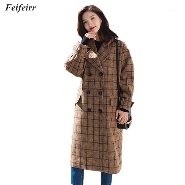 

autumn winter female 2020 korean version of the long section warm plaid coat loose double-breasted vintage woolen coat1, Black