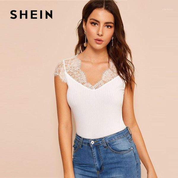 

shein lace trim slim fitted rib-knit white t shirt women classy solid v neck cap sleeve stretchy summer shirt ladies 1