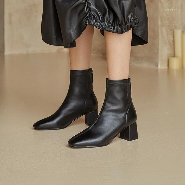 

boots eshtonshero women shoes ankle square high heel leather toe zipper all match casual size 3-91, Black