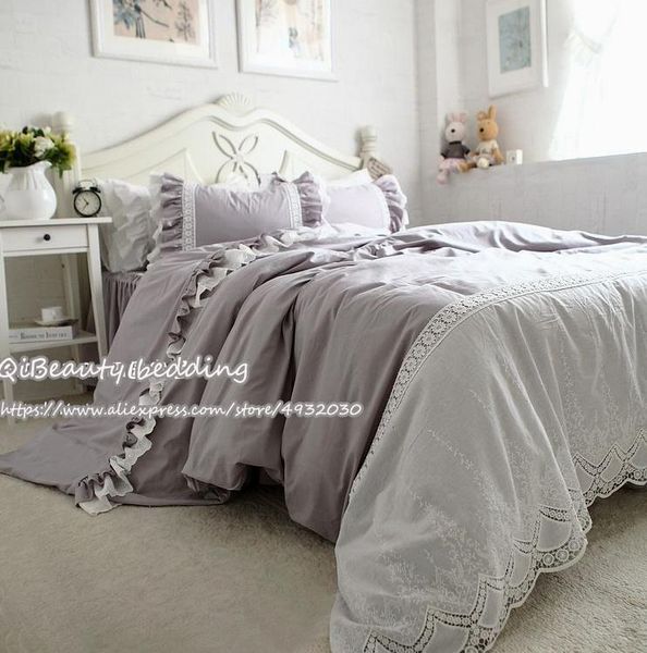 

bedding sets gray high-grade embroidered lace craft satin cotton comfortable