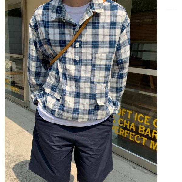 

men's shirt 2020 summer new slim pure color checked printing five-point sleeve shirt casual casual fashion youth men's wear1, White;black