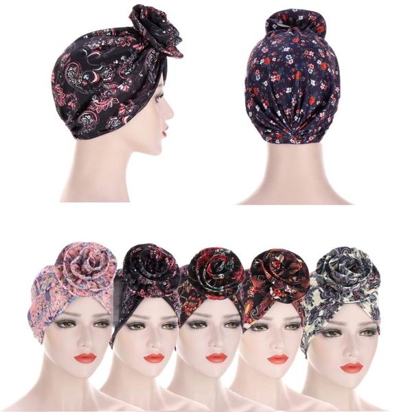 

beanie/skull caps fashion lady's headdress hat african print pattern baotou cap banquet elegant lady flower printed hair loss turban ha, Blue;gray