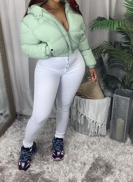 

2021 new winter cropped jacket for women keep warm short outwear trendy long sleeve zip thick down bubble coats 79o1, Black