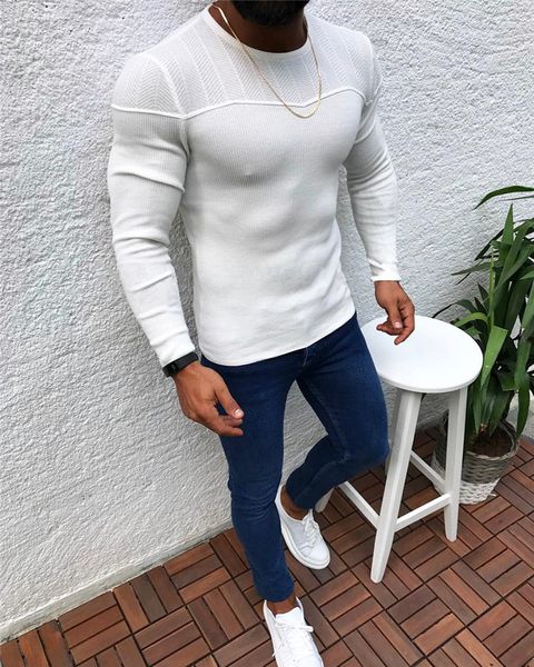 

solid color mens designer sweaters fashion slim crew neck long sleeve mens sweaters casual males clothing, White;black