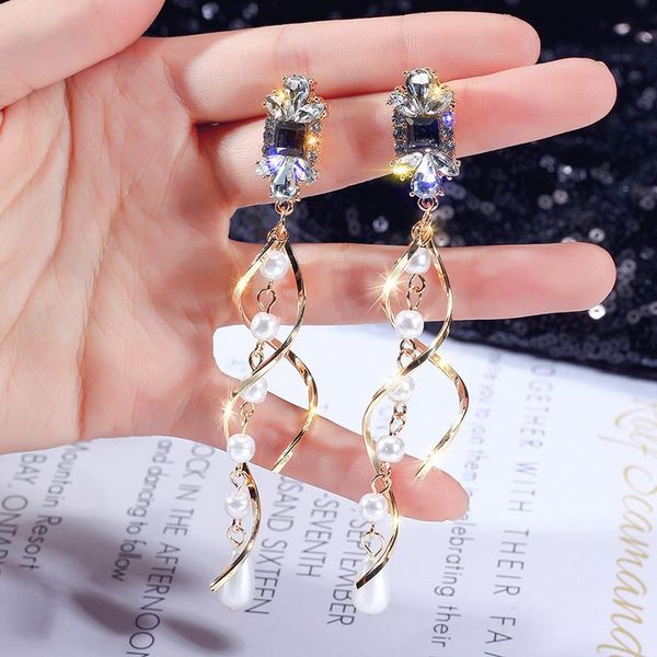 

2020 new crystal pearl tassel earrings female long paragraph geometric pendant earrings wedding fashion jewelry jewelry gifts, Silver