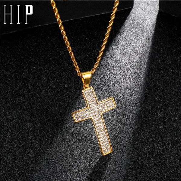 

pendant necklaces hip hop bling micro pave rhinestone cross crucifix pendants & 316l stainless steel necklace for men jewelry, Silver