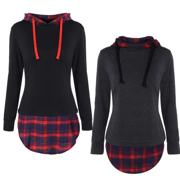 

women's new plaid stitching coat long sleeve hooded sweater sweatshirt tracksuit women hoodies print collar stand, Black