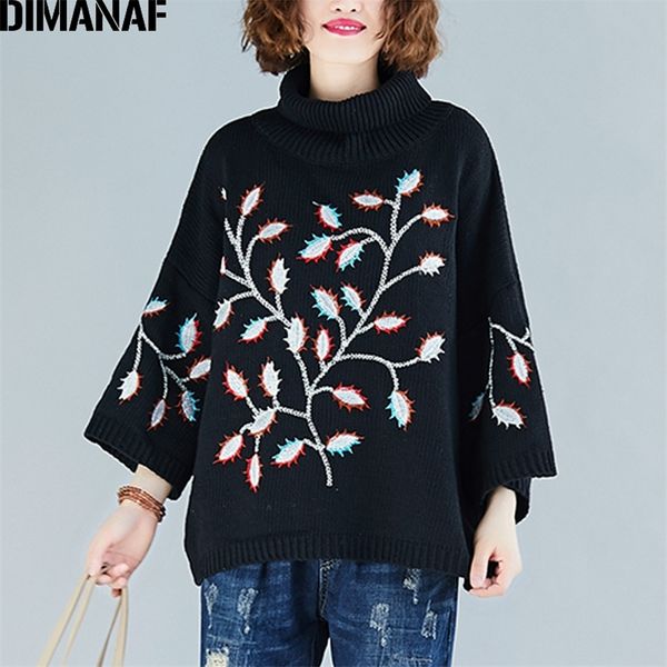 

dimanaf plus size women sweater pullovers knitting turtleneck fashion embroidery flowers loose casual female lady clothes 201222, White;black