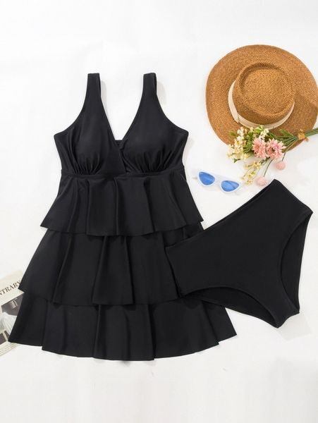 

plus tiered layer high waisted bikini swimsuit c4d0#, Black