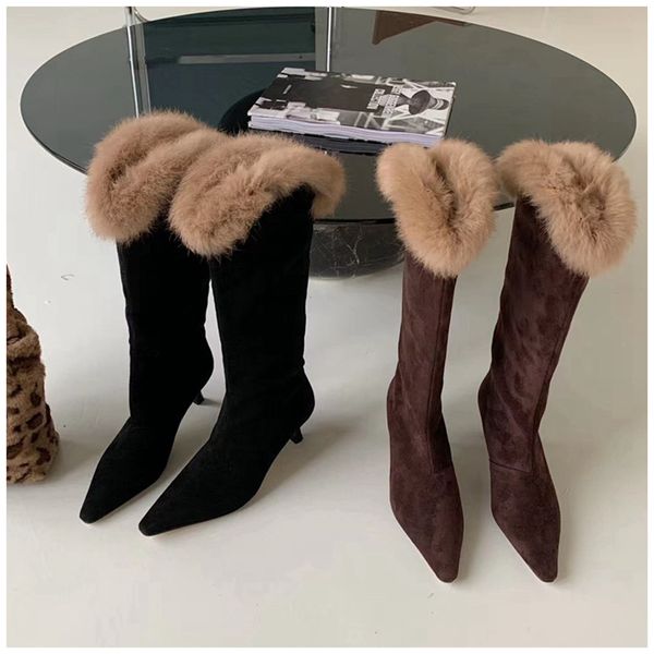 

fashion women knee high boots ladies winter warm plush elegant knight boots thin high heel pointed toe pumps shoes, Black