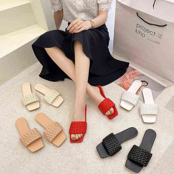 

slippers women s woven flats new female flip flops soft flat slides outdoor beach sandals summer 220304, Black