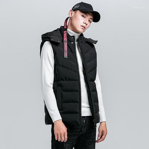 

2019 autumn and winter new style hooded youth men's sleeveless cotton-padded clothes casual removable shoulder hat men's cotton-1, Black