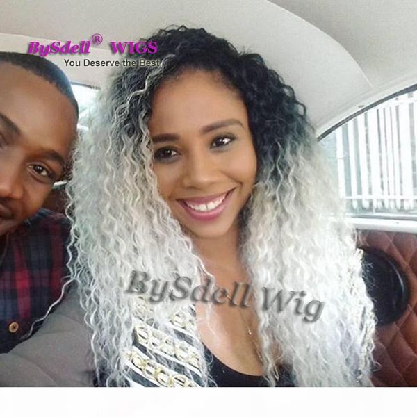 

beauty long curly synthetic hair wig synthetic lace heat resistant front wig kinky curly black ombre silver white lace wigs for black women