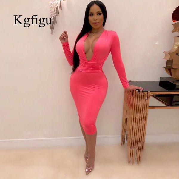

kgfigu 2019 autumn dress women deep v neck bodycon neon pink vestidos long sleeve knee length dresses party clubwear1, Black;gray