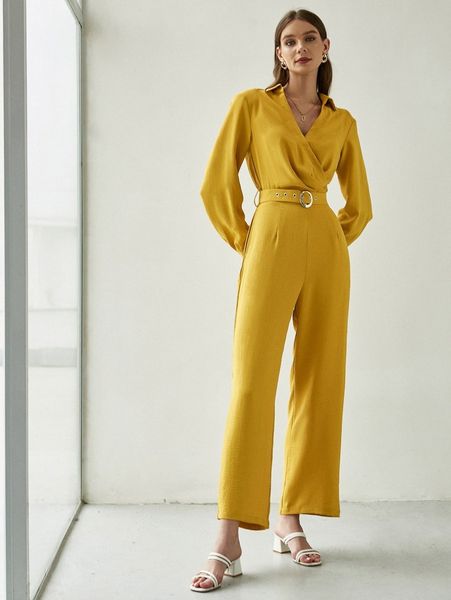 

sollinarry surplice neck grommet belted wide leg jumpsuit g31e#, White