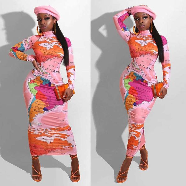 

fashion one new map print 2020 winter step slim dress for women, Black;gray