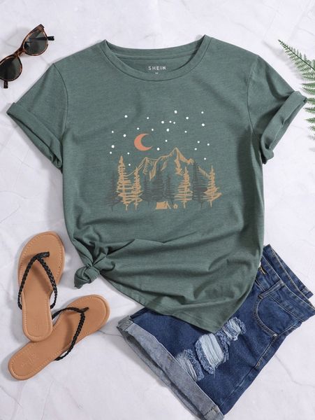 

mountain and moon print tee l6oy#, White