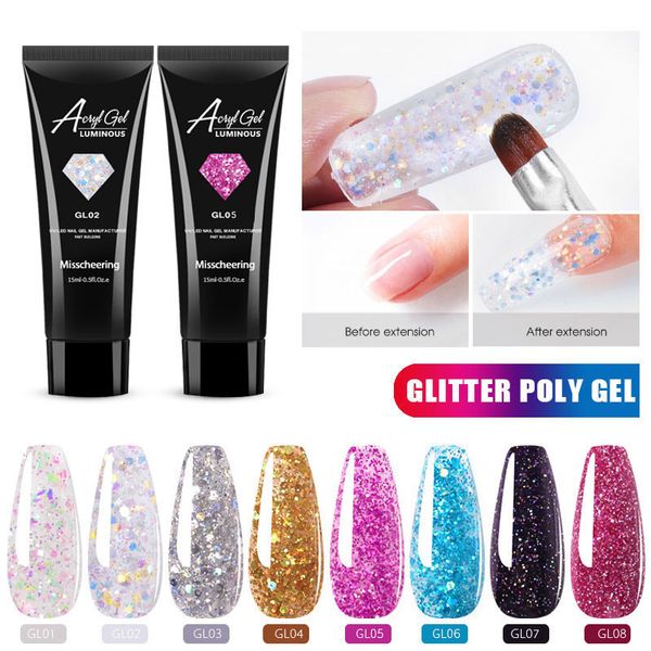 8 colori glitter extension gel per unghie gelatina trasparente unghie acriliche lampada UV gel glitter gel per unghie estensione rapida salone per unghie 12 pezzi