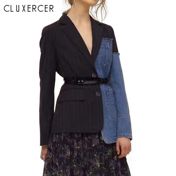 

2020 women blazer suit denim jeans jacket fashion long sleeve asymmetical coat fashion striped long sleeve woman mujer blazer, White;black
