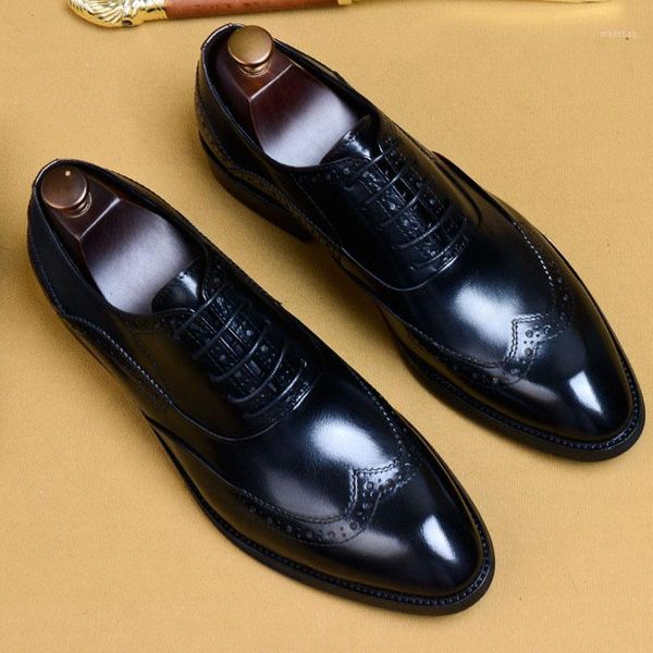 

new men dress shoes formal shoes men's handmade business wedding big size genuine leather lace-up male brogue1, Black