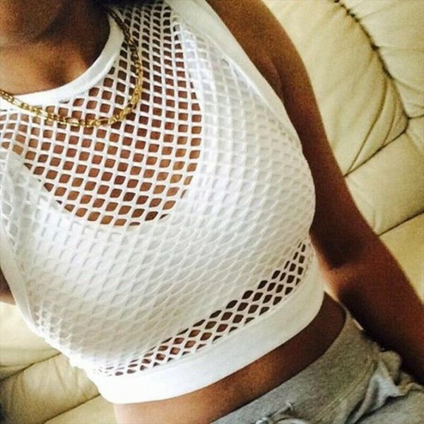 

женские женские без рукавов видят через сетку fishnet cross top рубашка бикини обложка в изогнутом кости, White