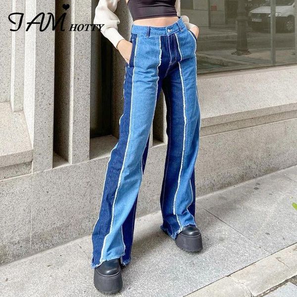 

women's jeans ripped patchwork straight vintage distressed high waisted boyfriend korean wide leg pockets denim pants iamty, Blue