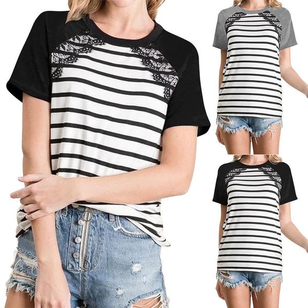 

women's t-shirt loose t-shirts women jumpers short sleeve casual woman pullovers female o-neck striped lace deco cloth tee shirt x, White