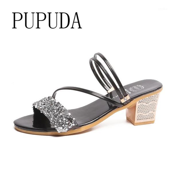 

pupuda comfortable slip-on sandals women one-step casual sandals fashion sequined high heels thick heels 20201, Black