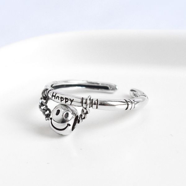 

sterling sliver ring for women real full body s925 sliver ring simple smile adjustable opening mouth face design chain sliver rings jewelry, Silver