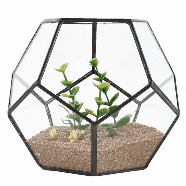 

black glass pentagon geometric terrarium container window sill decor flower pot balcony planter diy display box (no plant) t200104