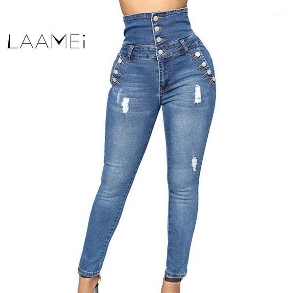 

laamei 2018 new autumn winter woman denim pencil pants brand stretch jeans high waist pants women high waist jeans pantalone1, Blue