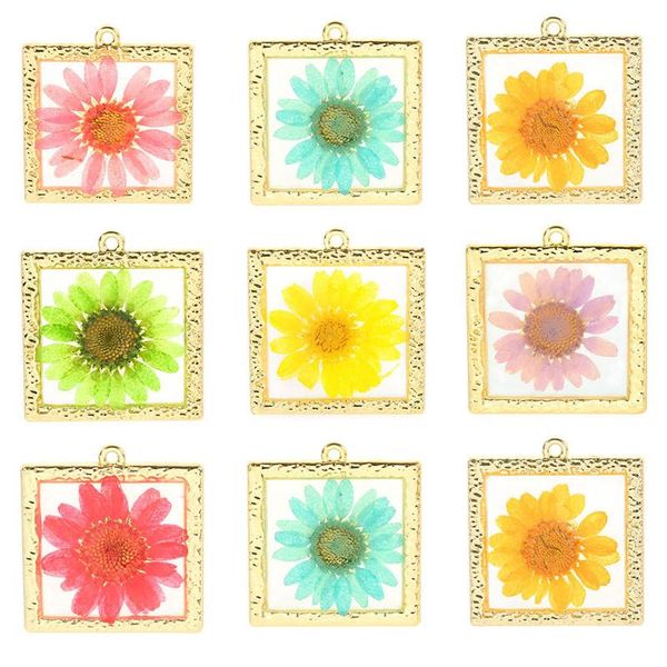 

charms yeyulin 2pcs 30mm sunflower daisy flower resin diy craft findings transparent square earring pendant jewelry accessories, Bronze;silver