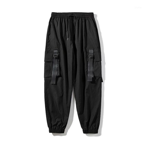 

men's pants 2021 men's casual pats side pockets harem hip hop ribbons male joggers trousers fashion streetwear cargo pants1, Black