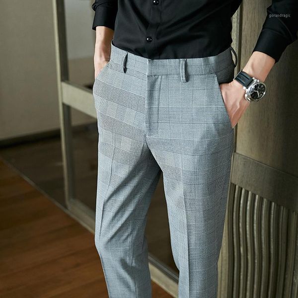 

2020 grey checked pants mens pants plaid mens formal wear slim fit social men slim fit dress casual business suit trousers1, White;black