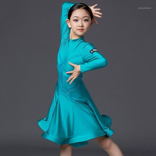 

stage wear latin dance dress children long sleeve competition dresses girls rumba cha samba tango kids performance clothing dn47051, Black;red