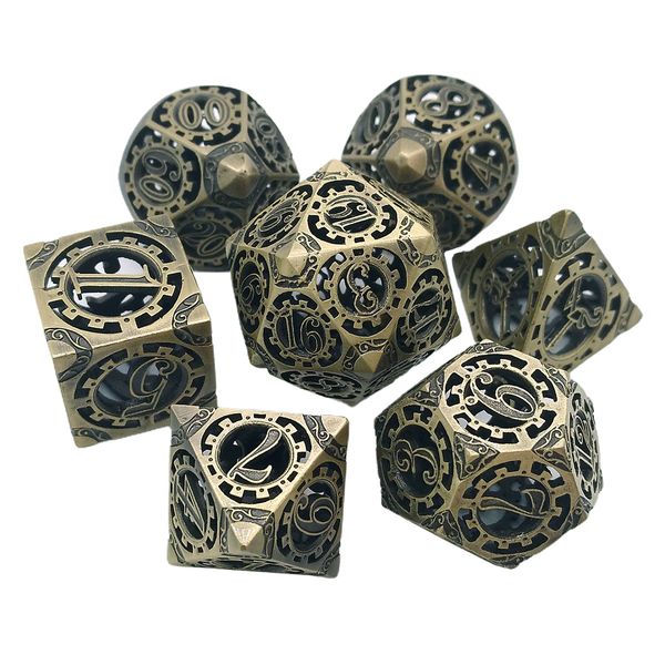 

metal steampunk dice set,7 polyhedral pieces,antique copper solid metal d&d dice,rpg role playing game dice, 7 pack of