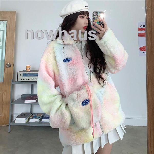 

2 colors new autumn fashion tie-dye women jacket kawaii pink lamb wool coats female loose lamb plush coat mujer send bag1, Black;brown
