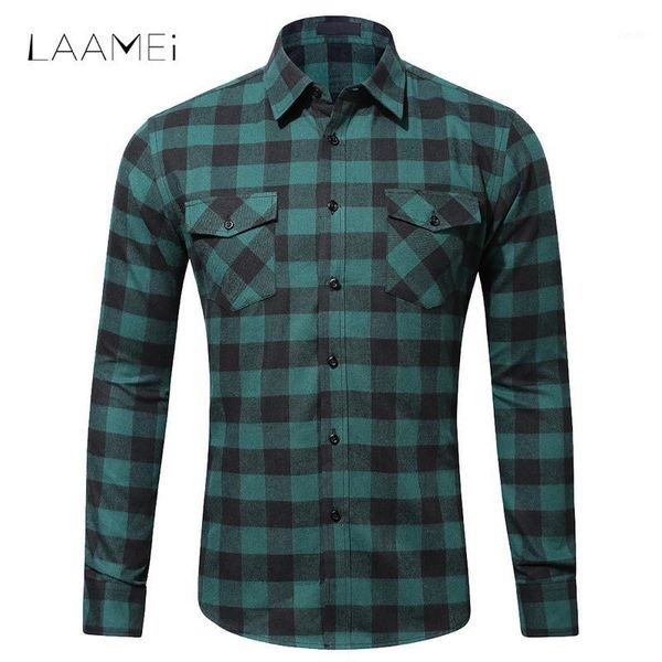 

laamei casual men shirts with pocket cool plaid shirt men clothes long sleeve slim shirts business turn-down collar new1, White;black