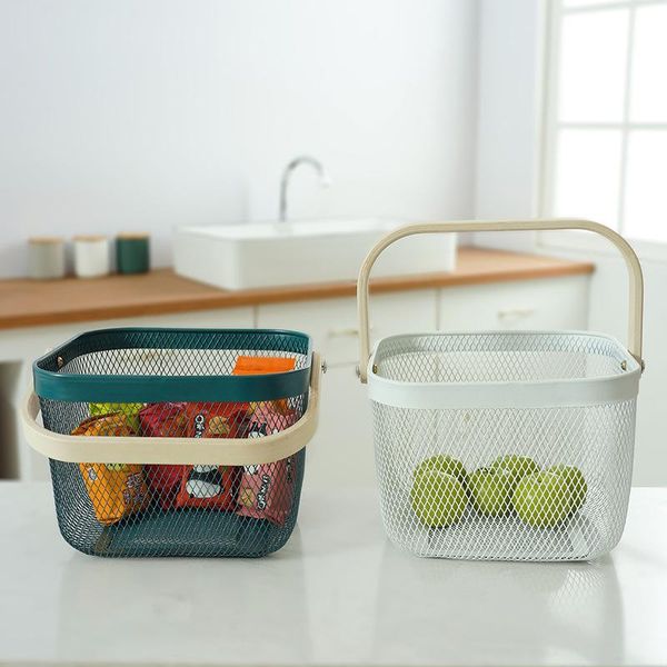 

storage bottles & jars vintage small metal wire+wooden organizer tote basket with handle for kitchen, pantry, gift bathroom 9"x9"