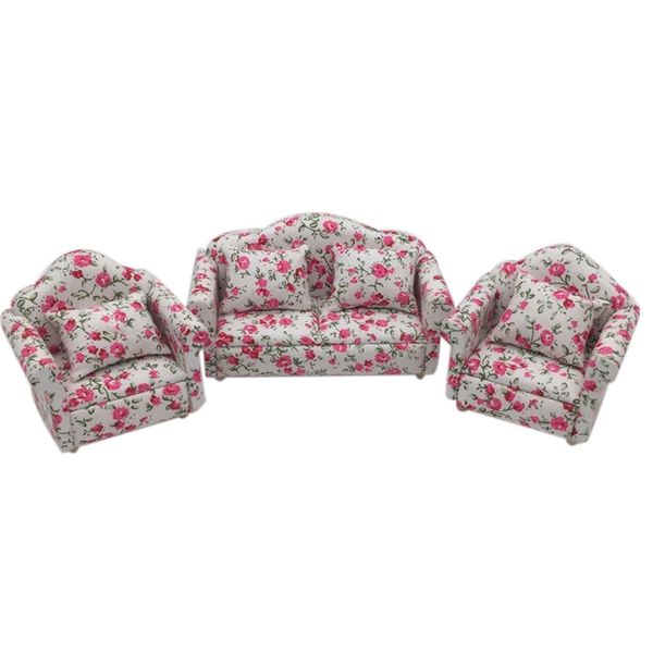 

3pcs 1:12 dollhouse miniature living room dolls furniture sofa set children's toy couch model floral style kids pretend play toy y20042